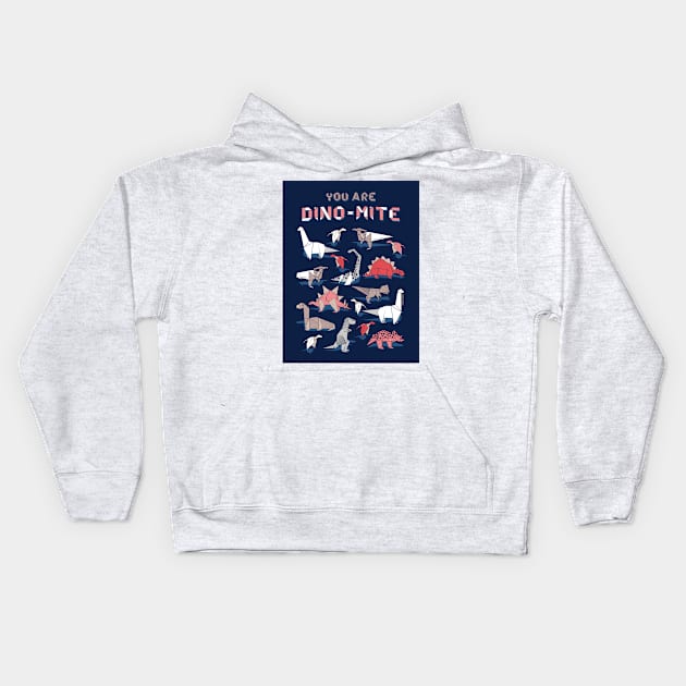 Origami dino friends // quote you're dino-mite // navy blue background red white and beige dinosaurs Kids Hoodie by SelmaCardoso